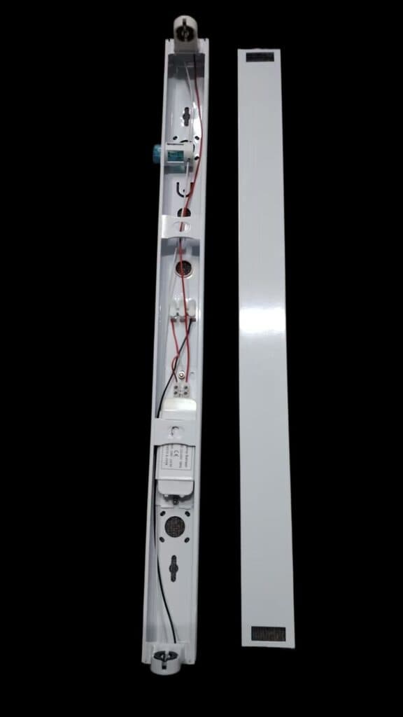 LED T8 fluorescent fixture with durable design and easy installation for commercial and industrial lighting.