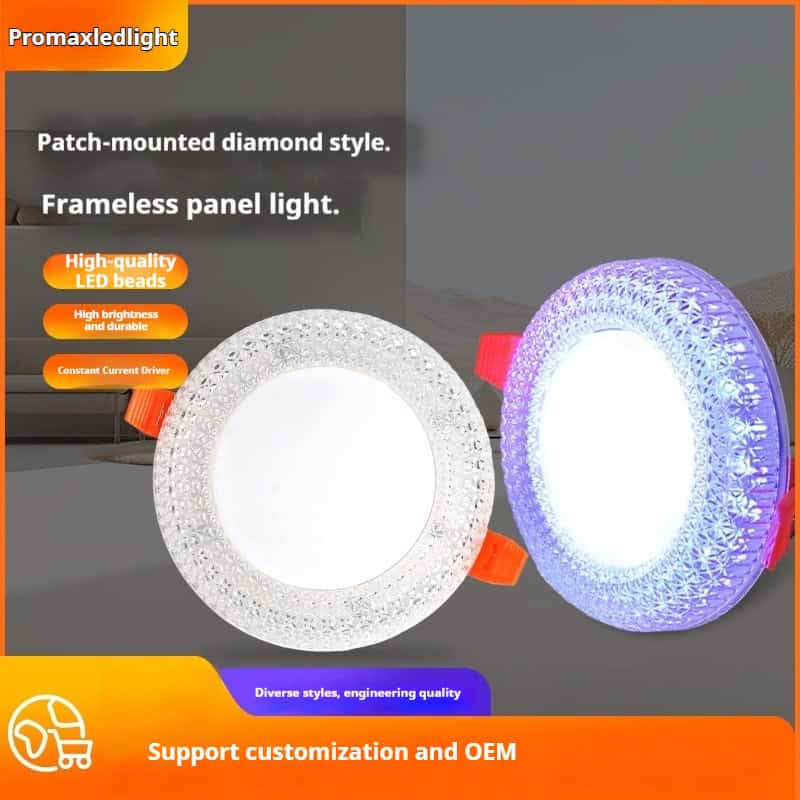 LED crystal ceiling panel light, frameless diamond design, high-quality LED beads, customizable OEM options.